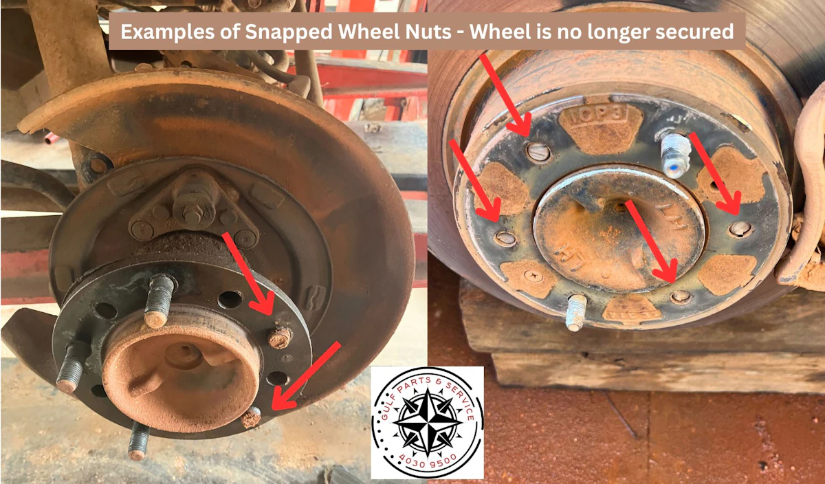 examples of snapped wheel nuts on 2 different vehicles seen by Gulf Parts & Service